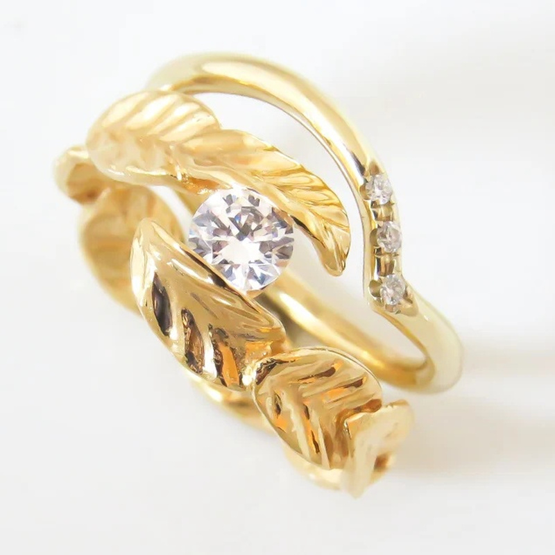 Unisex Leaf Engagement & Wedding Ring Set, 2pcs